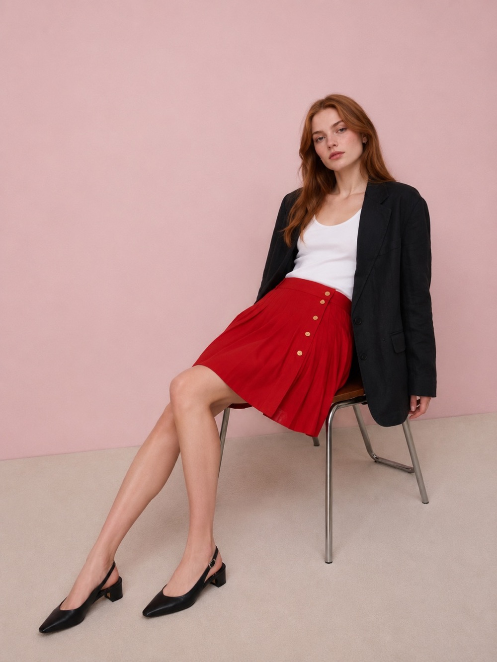 Ann Taylor Red Button-Accent Pleated Skirt Vintage